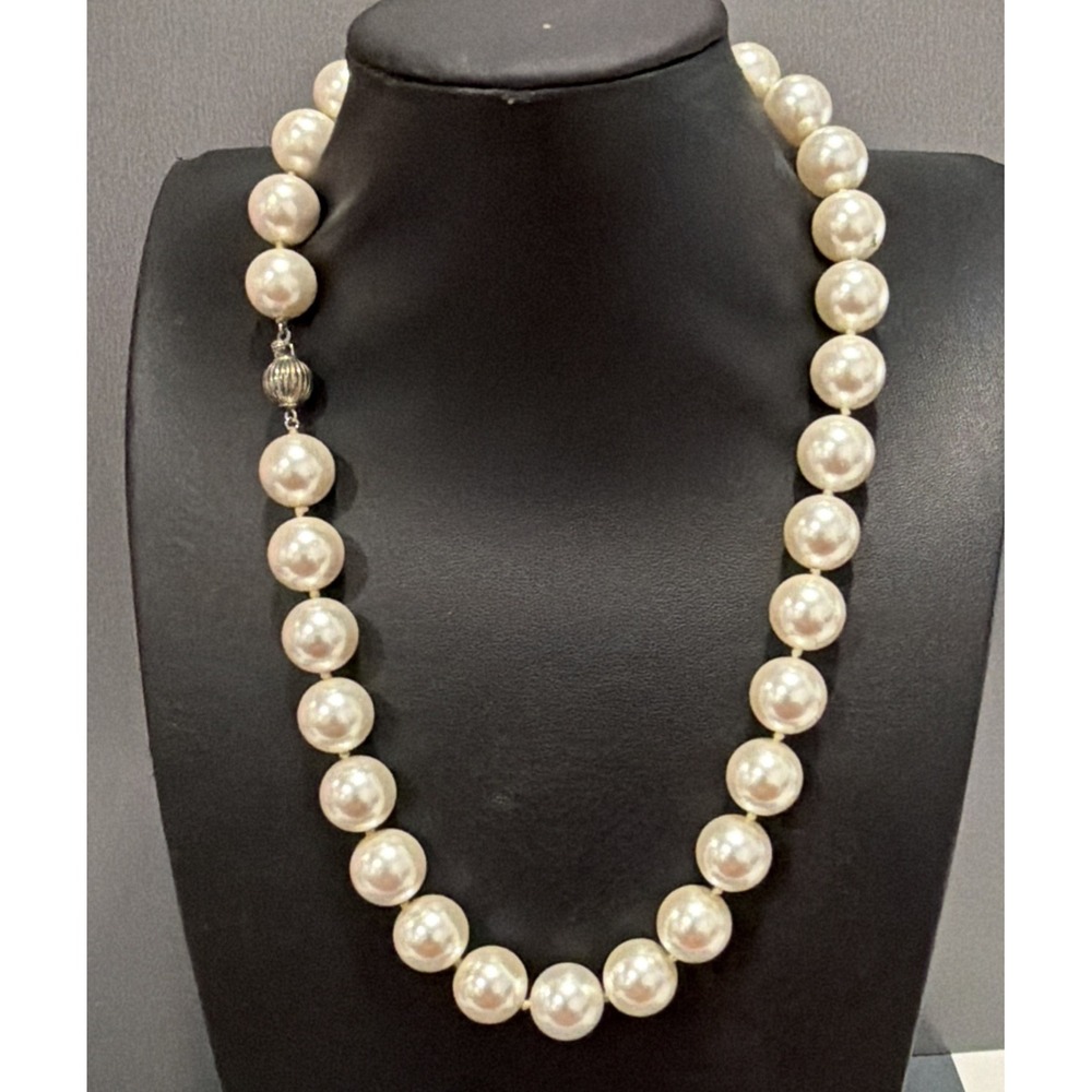 Sterling Silver 925 Clasp Glass Imitation Pearl Beaded Necklace Knotted Classic